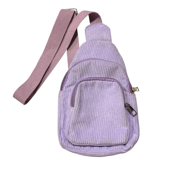 Lilac Purple Corduroy Crossbody Sling Mini-Backpack Bag w Adjustable Strap - Picture 1 of 12